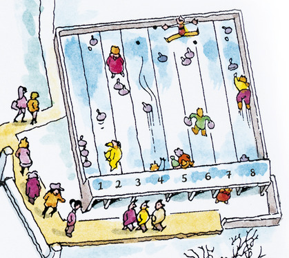 Gezeichnetes Bild der 8 Eisstockbahnen während sie bespielt werden. Rund herum herrscht reges Treiben, wie auf einem Weihnachtsmarkt üblich.